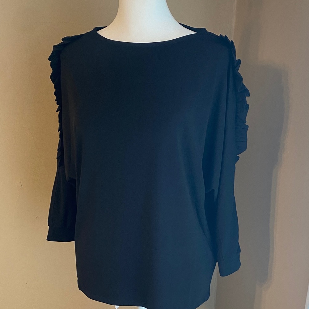 NWT PHILOSOPHY Black Ruffle Dolan Sleeve Stretchy Top M